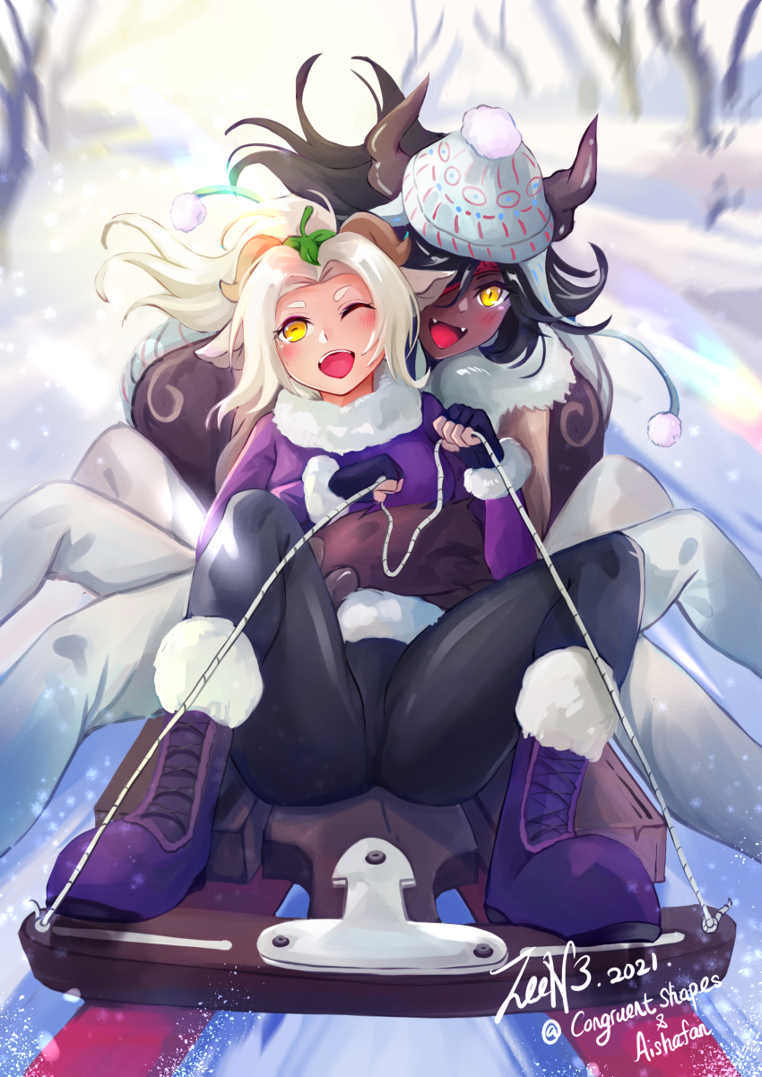 2girls, :d, ;d, absurdres, arachne, arthropod_girl, arthropod_limbs, black_hair