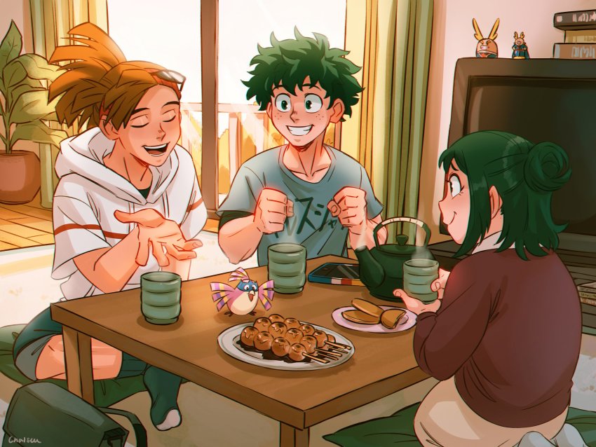 1girl, 3boys, action_figure, all_might, balcony, bird, boku_no_hero_academia, boku_no_hero_academia:_world_heroes'_mission, brown_hair, cellphone, chalseu, collarbone, cookie, cup, curly_hair, curtains, drink, eyebrows, food, freckles, glass_door, green_eyes, green_hair, grin, headband, highres, hood, hood_down, hoodie, indoors, leaf, crossed_legs, long_hair, midoriya_inko, midoriya_izuku, mug, multiple_boys, pale_skin, phone, pino_(boku_no_hero_academia), plant, plate, ponytail, potted_plant, rody_soul, shirt, short_hair, short_sleeves, sitting, sliding_doors, smartphone, smartphone_case, smile, socks, steam, sunglasses, sunglasses_on_head, t-shirt, table, takoyaki, talking, tea, teapot, teeth, television, toy, white_hoodie, yagi_toshinori