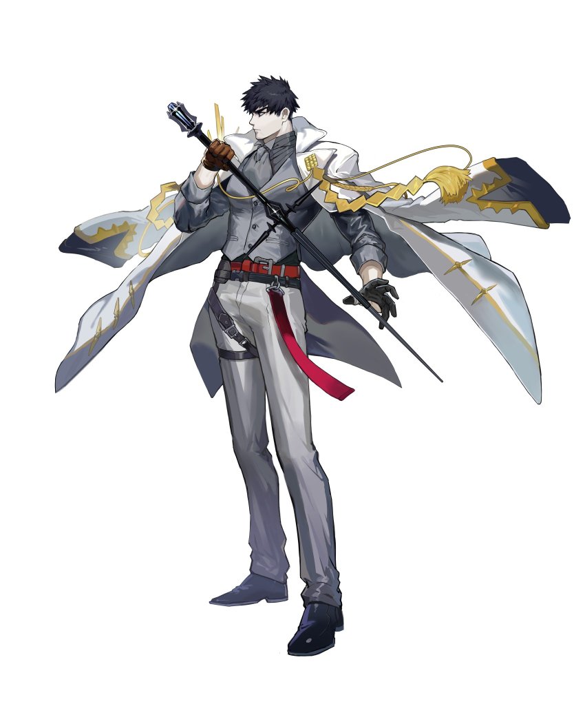 1boy, alchemy_stars, ascot, asymmetrical_gloves, belt, belt_buckle, black_gloves, black_hair