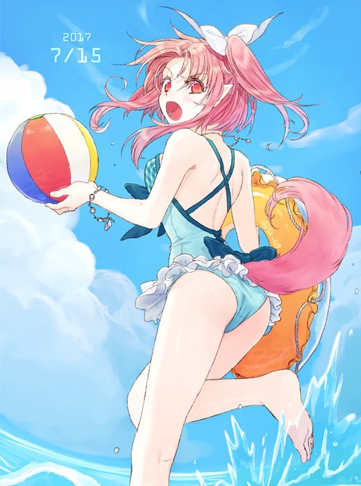 1girl, ass, ball, barefoot, beachball, blue_one-piece_swimsuit, breasts, cloud