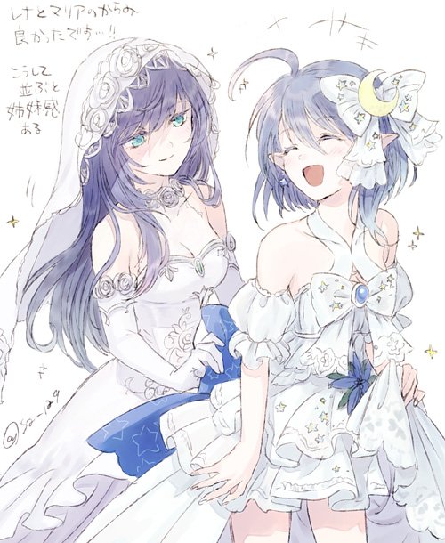 2girls, blue_hair, breasts, closed_mouth, crescent, crescent_hair_ornament, dress, earrings