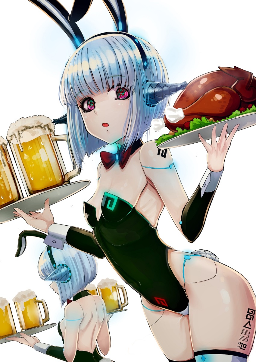 1girl, alcohol, android, android_mk.99, animal_ears, b.d, barcode, beer, beer_mug, black_leotard, blue_hair, breasts, cosplay, cup, fake_animal_ears, fake_tail, food, glowing, glowing_tattoo, guardian_tales, highres, holding, holding_plate, holding_tray, leotard, looking_at_viewer, mug, open_mouth, oversized_breast_cup, pink_eyes, plate, playboy_bunny, pubic_tattoo, rabbit_ears, rabbit_tail, short_hair, simple_background, sleeveless, small_breasts, tail, tattoo, thighs, tray, white_background, wrist_cuffs