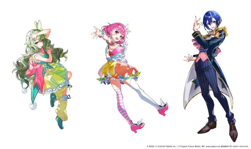 1boy, 2girls, arm_above_head, armpits, asymmetrical_legwear, back_bow, bead_bracelet, beads