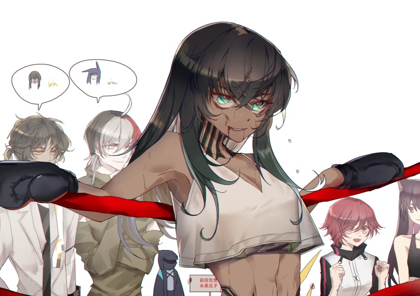 1other, 2boys, 3girls, absurdres, animal_ears, arknights, bare_shoulders, black_jacket, black_skirt, blaze_(arknights), blood, blood_on_face, boxing_gloves, boxing_ring, breasts, brown_hair, cat_ears, cleavage, dark-skinned_female, dark-skinned_male, dark_skin, doctor_(arknights), elysium_(arknights), exusiai_(arknights), flint_(arknights), green_eyes, green_sweater, grin, highres, ikag, jacket, long_hair, melantha_(arknights), multicolored_hair, multiple_boys, multiple_girls, open_mouth, orange_eyes, ponytail, purple_eyes, purple_hair, red_hair, shirt, short_hair, short_ponytail, simple_background, skirt, sleeveless, sleeveless_shirt, smile, speech_bubble, streaked_hair, sweater, teeth, thorns_(arknights), white_background, white_hair, white_jacket, white_shirt, yellow_eyes