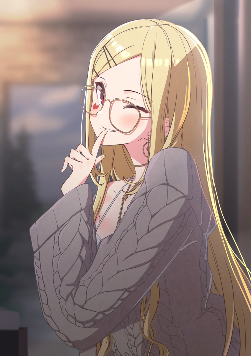 1girl, ;), aran_sweater, blonde_hair, blurry, blurry_background, blush, bra, breasts, cable_knit, earrings, facial_mark, glasses, grey_sweater, heart, highres, index_finger_raised, jewelry, large_breasts, long_hair, long_sleeves, looking_at_viewer, luis_cammy, mole, mole_under_mouth, necklace, nijisanji, off_shoulder, one_eye_closed, ougimaneki, parted_bangs, parted_lips, red_eyes, single_bare_shoulder, smile, solo, sweater, underwear, very_long_hair, virtual_youtuber, white_bra, yellow-framed_eyewear