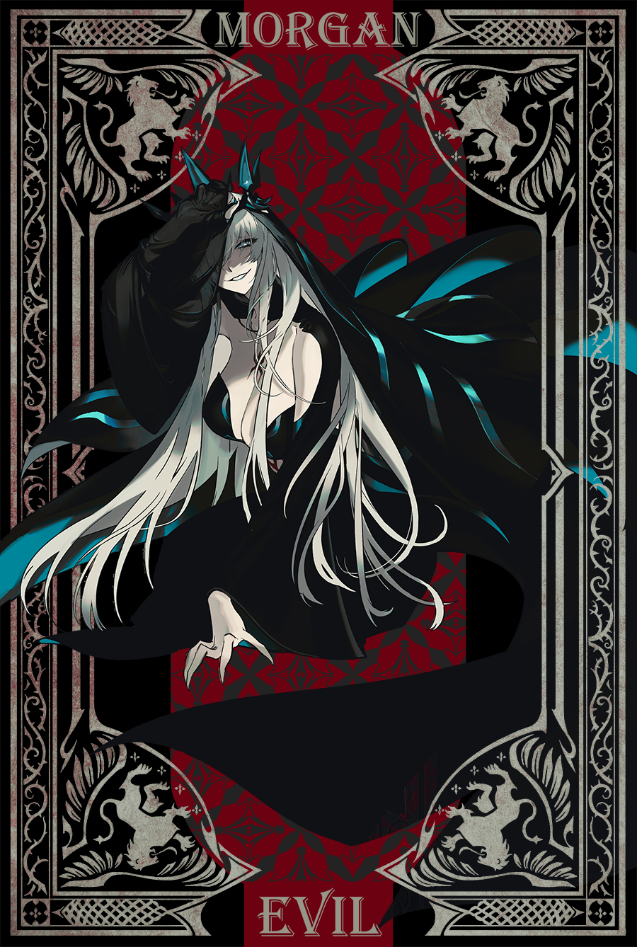 1girl, bare_shoulders, black_hair, black_veil, blue_eyes, breasts, character_name, cleavage