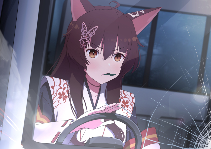 1girl, animal_ears, broken_glass, brown_eyes, brown_hair, butterfly_hair_ornament, chewing, driving