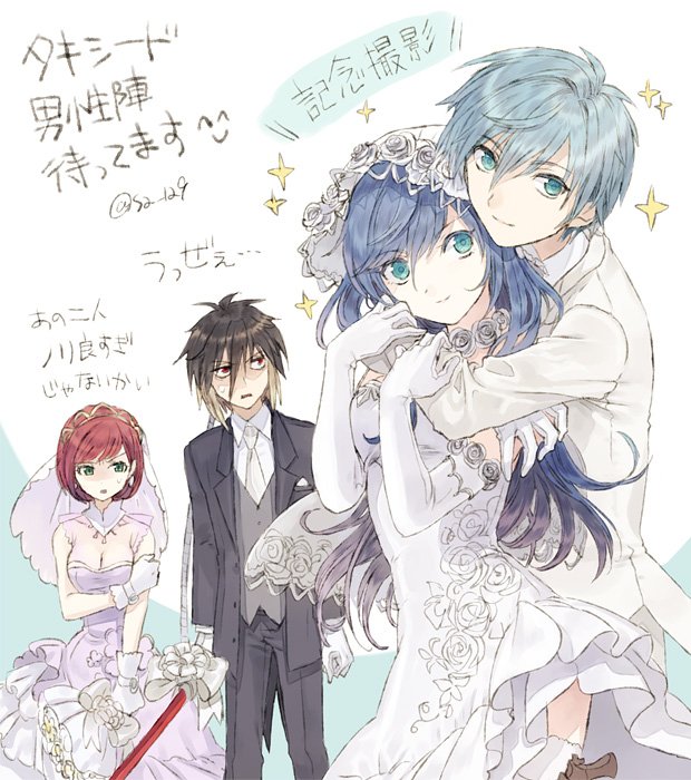 2boys, 2girls, albel_nox, blue_eyes, blue_hair, breasts, bride, cleavage