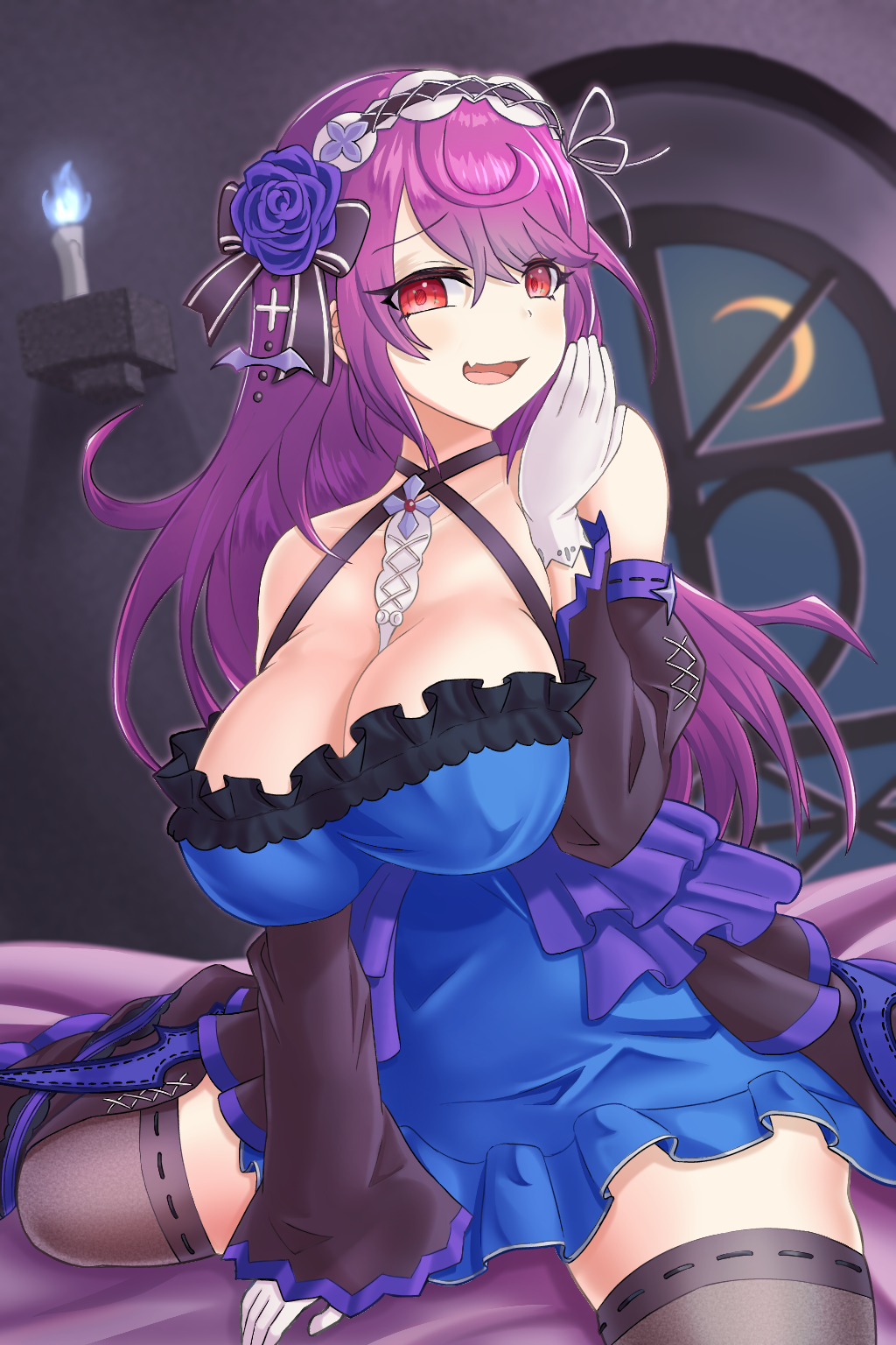 1girl, bare_shoulders, black_legwear, blue_dress, breasts, cleavage, dress, gloves, guardian_tales, hair_ornament, hairband, highres, large_breasts, long_hair, looking_at_viewer, moon, night, open_mouth, purple_hair, red_eyes, sitting, sleeveless, smile, smirk, smug, solo, udon_frozen, vampire_girl_karina, wariza, white_gloves