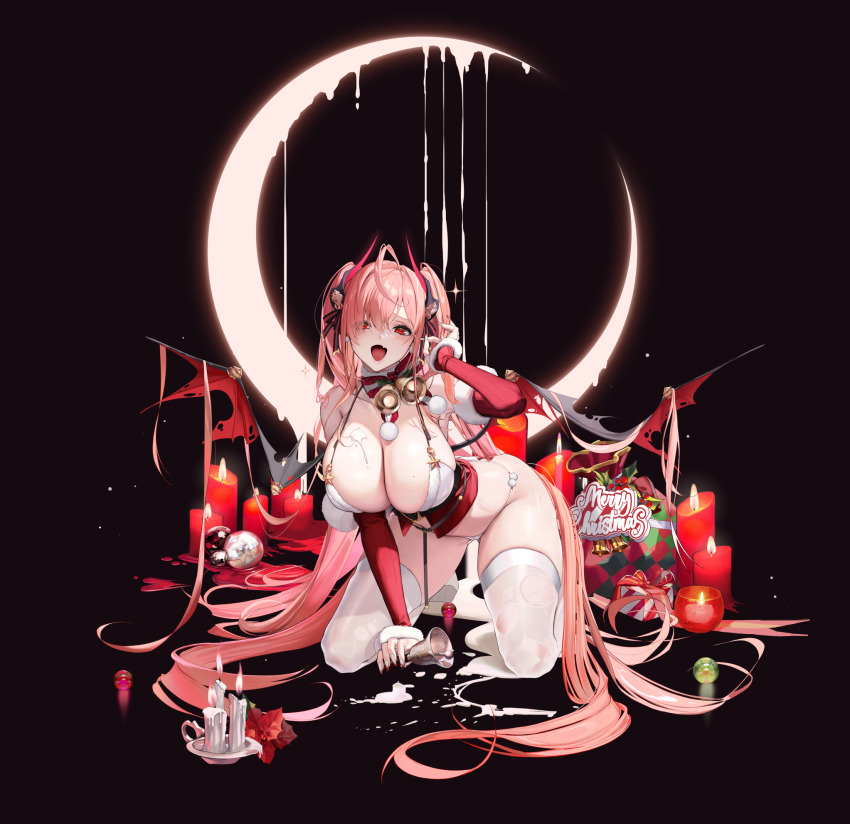 1girl, all_fours, ass, bell, bent_over, breasts, christmas, cleavage, destiny_child, dore_(gilles_dore), grilla, hair_spread_out, hanging_breasts, headgear, highres, kneeling, large_breasts, lingerie, looking_at_viewer, moon, naughty_face, neck_bell, open_mouth, panties, pink_hair, playing_with_own_hair, red_eyes, santa_costume, smile, solo, thighhighs, thighs, twintails, underwear, white_panties, white_thighhighs
