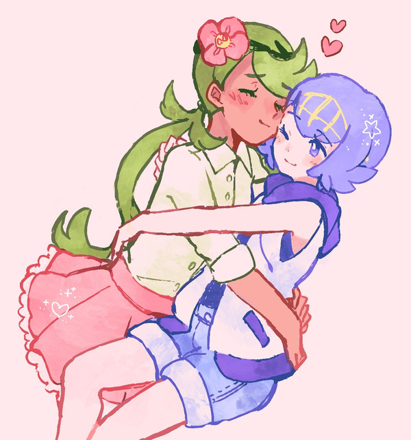 2girls, alternate_costume, blue_shorts, blush, buttons, catsubun_(kkst0904), closed_eyes, closed_mouth, collared_shirt, commentary, dark-skinned_female, dark_skin, eyelashes, flower, green_hair, green_headband, headband, heart, lana_(pokemon), long_hair, mallow_(pokemon), multiple_girls, nintendo, one_eye_closed, pink_flower, pink_skirt, pleated_skirt, pokemon, pokemon_(anime), pokemon_the_series:_sun_&amp;_moon, shirt, short_hair, shorts, skirt, smile, swept_bangs, yuri