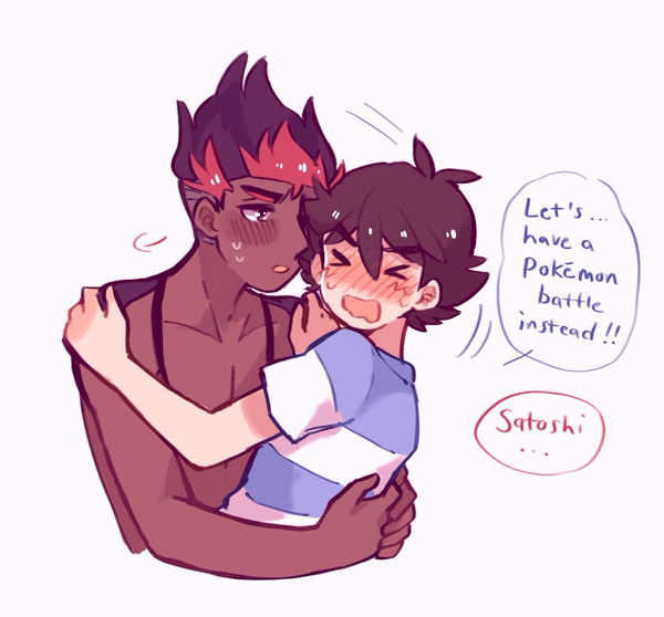 >_<, 2boys, ash_ketchum, blush, brown_hair, catsubun_(kkst0904), character_name, collarbone