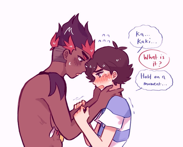 2boys, antenna_hair, ash_ketchum, blush, brown_hair, catsubun_(kkst0904), commentary, dark-skinned_male