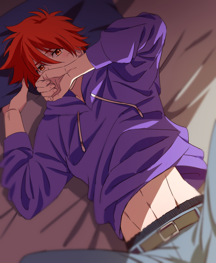 1boy, belt, blue_hair, briefs, covering_own_mouth, hair_between_eyes, hand_over_own_mouth, headband