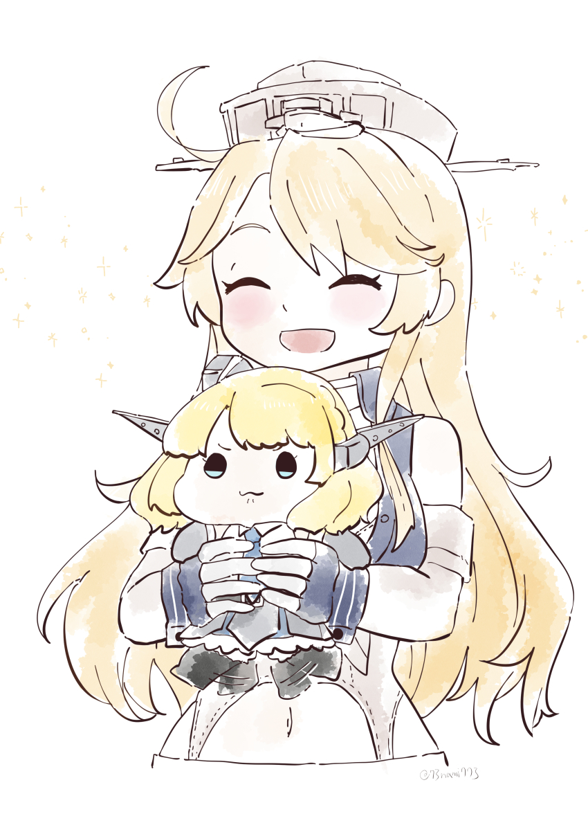 2girls, absurdres, blonde_hair, blue_necktie, braid, breasts, capelet, carrying