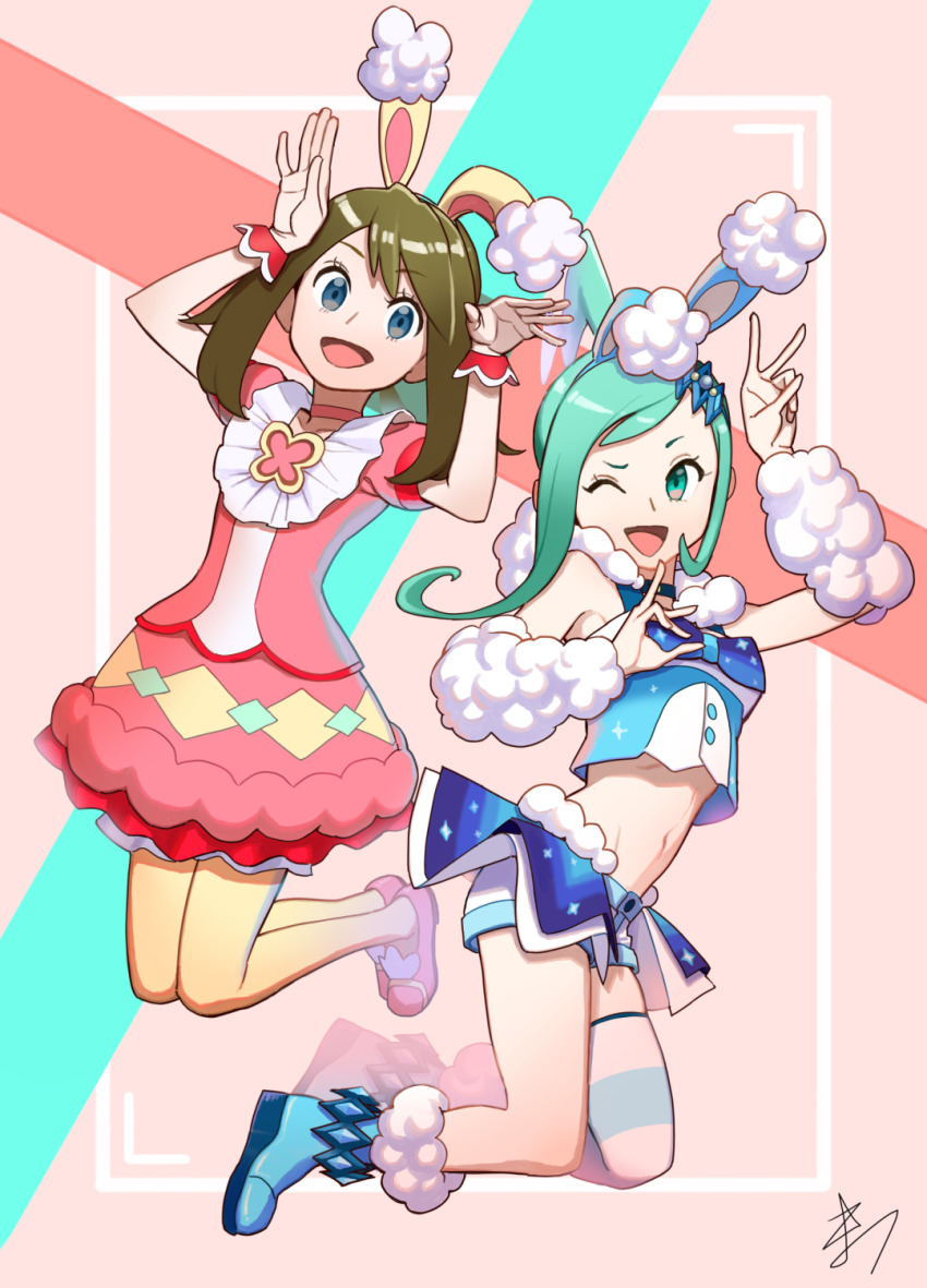 2girls, :d, ;d, arm_warmers, blue_footwear, boots, brown_hair, choker