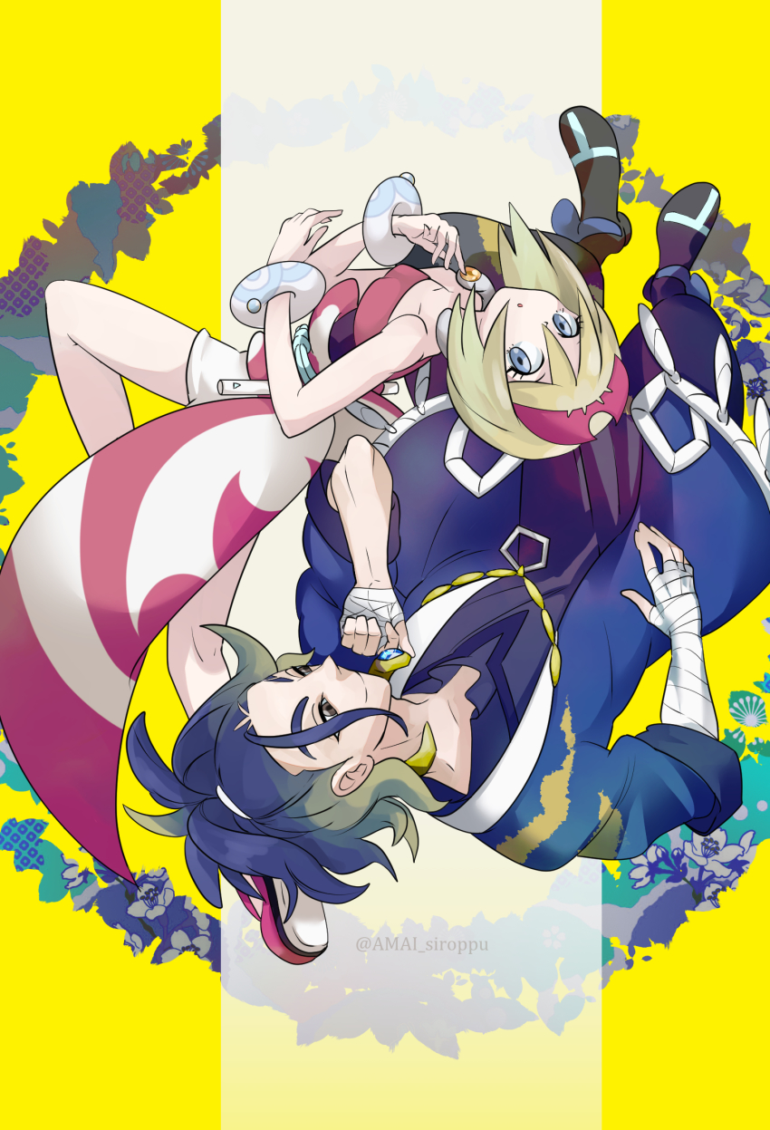 1boy, 1girl, adaman_(pokemon), black_shirt, blue_coat, blue_eyes, blue_hair, bracelet