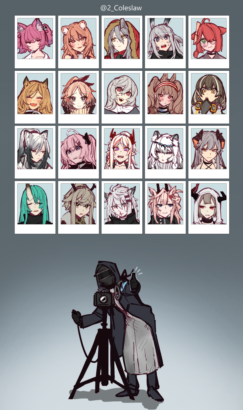 1other, 6+girls, :d, :t, absurdres, ahoge, ambriel_(arknights), angelina_(arknights), animal_ear_fluff, antique_camera, antlers, arknights, black_eyes, black_gloves, blood, blue_eyes, blush, brown_hair, ceobe_(arknights), closed_mouth, coat, covered_face, doctor_(arknights), earthspirit_(arknights), embarrassed, everyone, closed_eyes, fangs, firewatch_(arknights), glasses, gloves, gravel_(arknights), green_eyes, grey_hair, hairband, head_tilt, helmet, highres, hood, hood_up, horns, horns_through_headwear, hoshiguma_(arknights), lappland_(arknights), looking_at_viewer, looking_away, magallan_(arknights), medium_hair, mirin_chikuwa, multicolored_hair, multiple_girls, myrrh_(arknights), nian_(arknights), nosebleed, notice_lines, open_mouth, orange_eyes, orange_hair, parted_lips, pinecone_(arknights), pink_eyes, pointy_ears, ponytail, portrait, pout, pramanix_(arknights), projekt_red_(arknights), purple_eyes, red_hair, round_eyewear, saria_(arknights), savage_(arknights), schwarz_(arknights), shamare_(arknights), skin_fangs, smile, specter_(arknights), streaked_hair, taking_picture, thumbs_up, twintails, twitter_username, vulcan_(arknights), white_hair, wide-eyed, yellow_eyes
