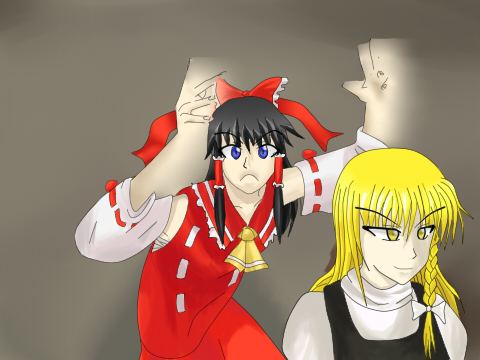 2girls, bad_anatomy, bad_id, bad_pixiv_id, blonde_hair, blouse, braid, crazy_frog_brothers_(meme), female_focus, hakurei_reimu, kirisame_marisa, loire, lowres, meme, multiple_girls, parody, poorly_drawn, red_shirt, shirt, single_braid, sleeveless, sleeveless_shirt, touhou