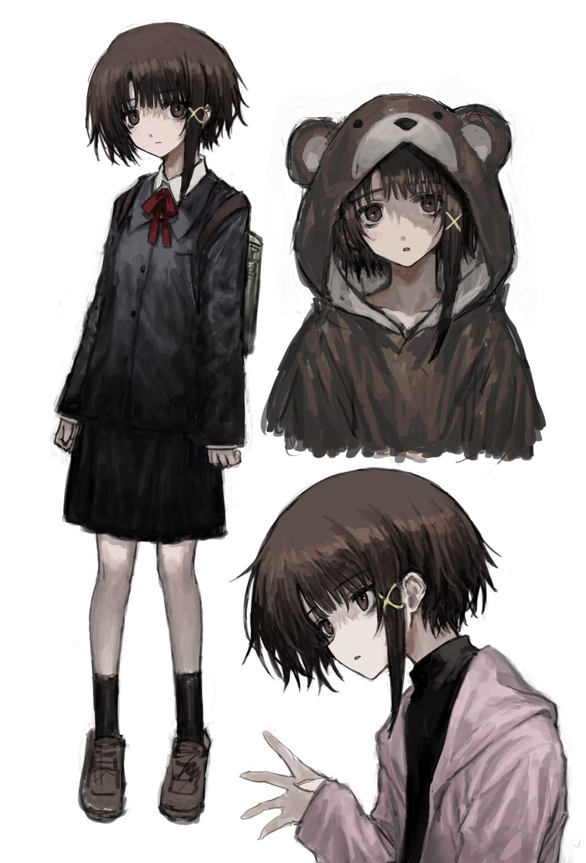 1girl, absurdres, animal_hood, asymmetrical_hair, backpack, bag, bags_under_eyes, bear_hood