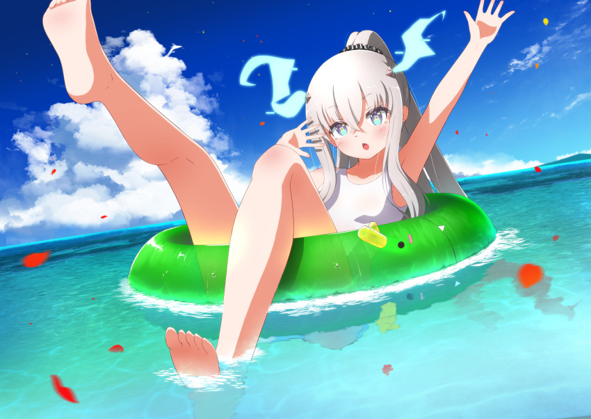 1girl, absurdres, aqua_eyes, arm_up, cloud, dragon_girl, flat_chest, fukurou_(hukurou)
