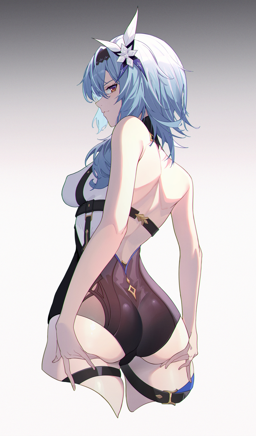 1girl, absurdres, ass, back_cutout, bare_shoulders, blue_hair, breasts, clothing_cutout, cropped_legs, eula_(genshin_impact), flower, from_behind, genshin_impact, hair_flower, hair_ornament, hand_on_own_ass, highres, large_breasts, light_blue_hair, linnnp, looking_at_viewer, medium_hair, solo, standing