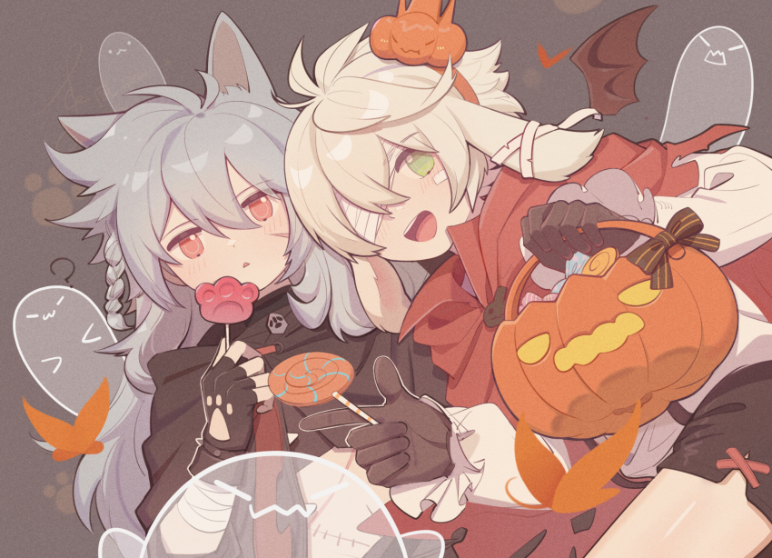 2boys, animal_ears, bandages, bat_wings, bennett_(genshin_impact), candy, food, genshin_impact