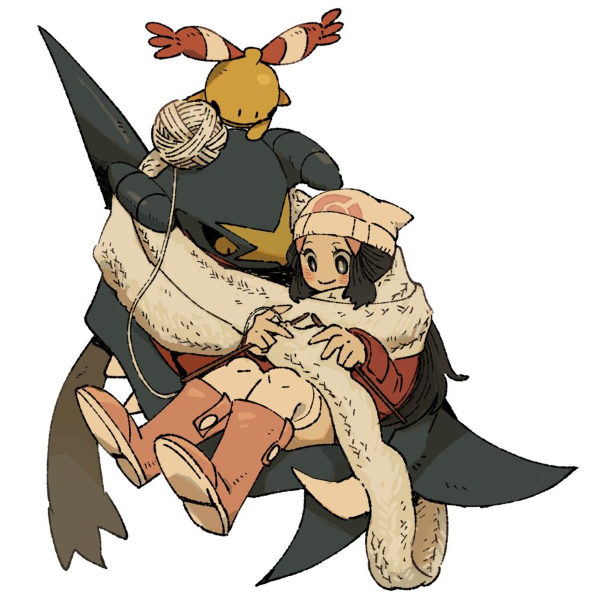 1girl, beanie, black_hair, blush, boots, bright_pupils, chingling, closed_mouth