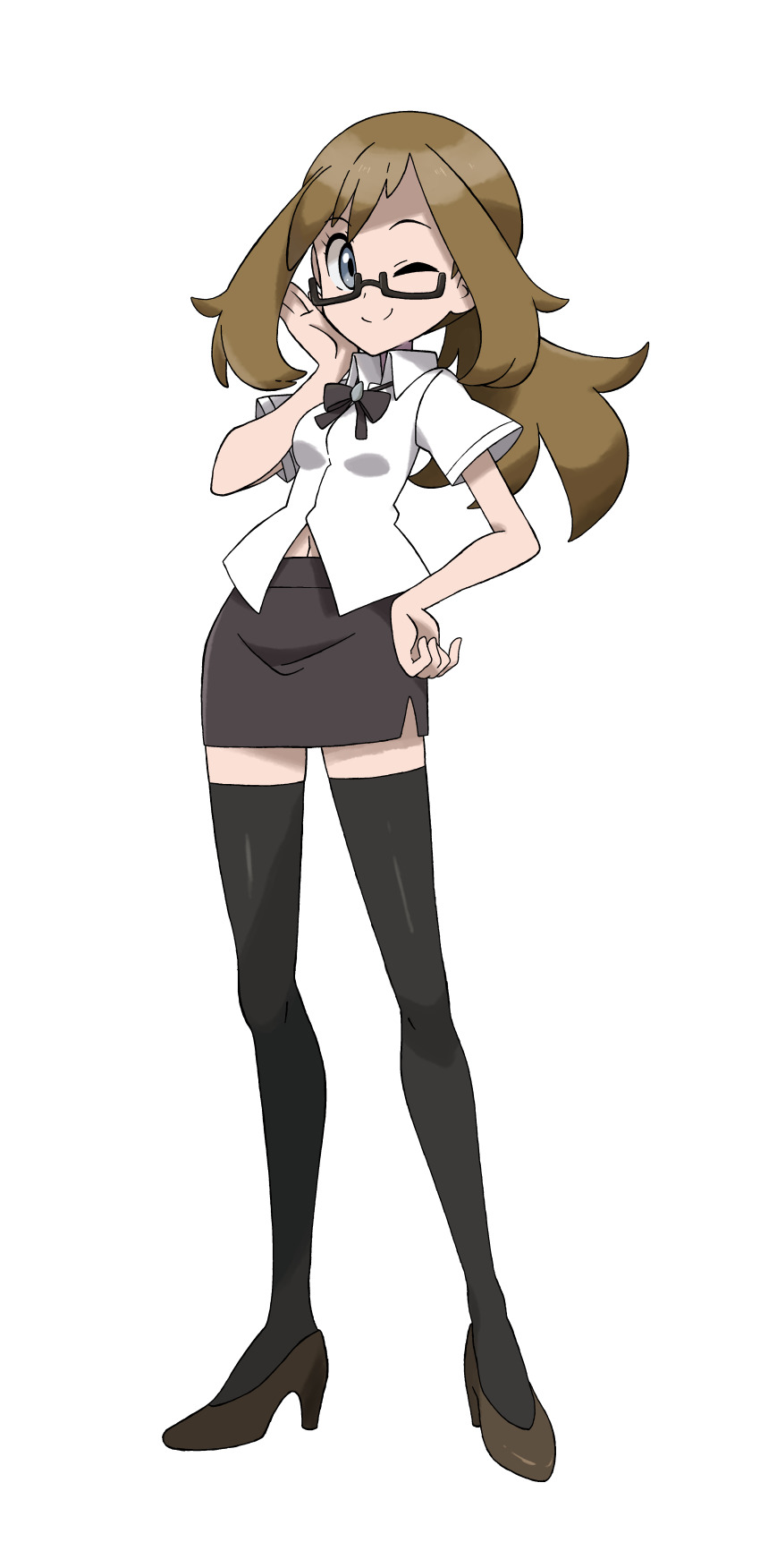 1girl, ;), absurdres, alternate_costume, black-framed_eyewear, black_thighhighs, bow, bowtie