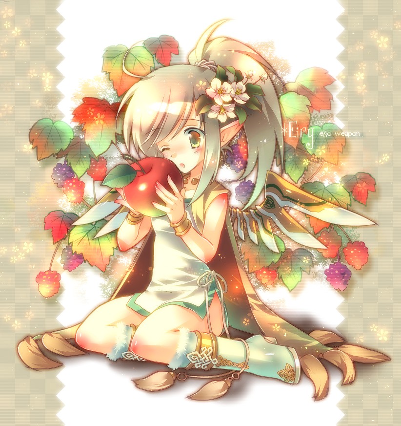 1girl, ahoge, apple, berry, brown_hair, cape, eiry, female_focus, flower, food, fruit, full_body, hair_flower, hair_ornament, leaf, mabinogi, mariko_(leda), open_mouth, pointy_ears, ponytail, sitting, solo, wings, wink
