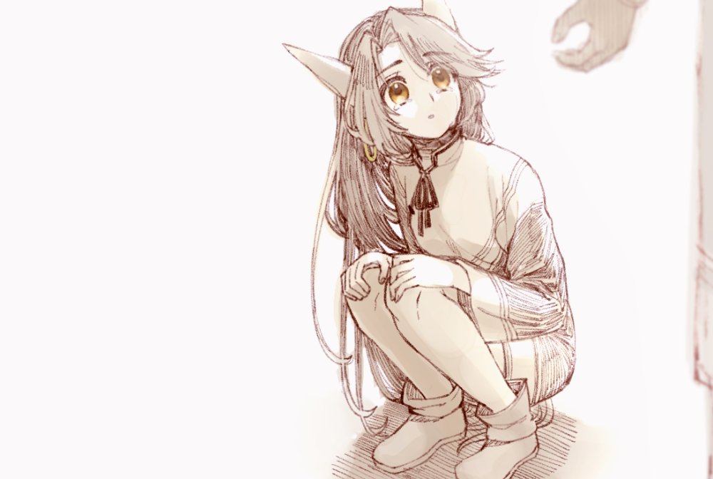 1girl, absurdly_long_hair, ainu_clothes, animal_ears, aquaplus, boots, breasts, brown_eyes, crying, crying_with_eyes_open, dress, earrings, eyes_visible_through_hair, from_side, full_body, hands_on_own_knees, jewelry, kryutaware, long_hair, long_sleeves, looking_at_another, looking_up, monochrome, parted_lips, raised_eyebrows, sakuya_(utawarerumono), sidelocks, small_breasts, squatting, swept_bangs, teardrop, tears, thighs, utawarerumono, very_long_hair, wide_sleeves