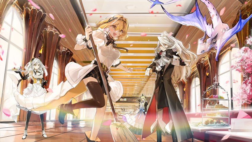 1boy, 3girls, absurdres, alchemy_stars, alternate_costume, apron, ascot, belt