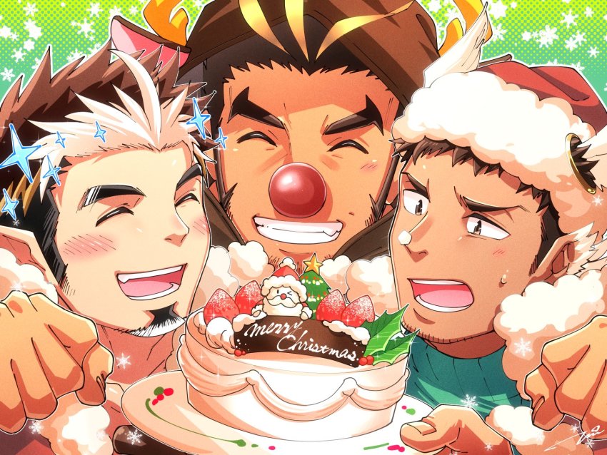 3boys, animal_costume, antlers, arm_around_shoulder, bara, blonde_hair, blush, brown_hair, cake, christmas, close-up, dark-skinned_male, dark_skin, facial_hair, food, food_on_face, goatee, grin, hat, head_wings, hermes_(housamo), highres, horns, long_sideburns, male_focus, mature_male, multicolored_hair, multiple_boys, muscular, muscular_male, original, pointy_ears, red_nose, reindeer_antlers, reindeer_costume, santa_claus, santa_hat, short_hair, sideburns, smile, snowflakes, strawberry_shortcake, streaked_hair, stubble, tepen_(tptptpn), thick_eyebrows, tomte_(housamo), two-tone_hair, upper_body, white_hair, wings, yamasachihiko_(housamo)