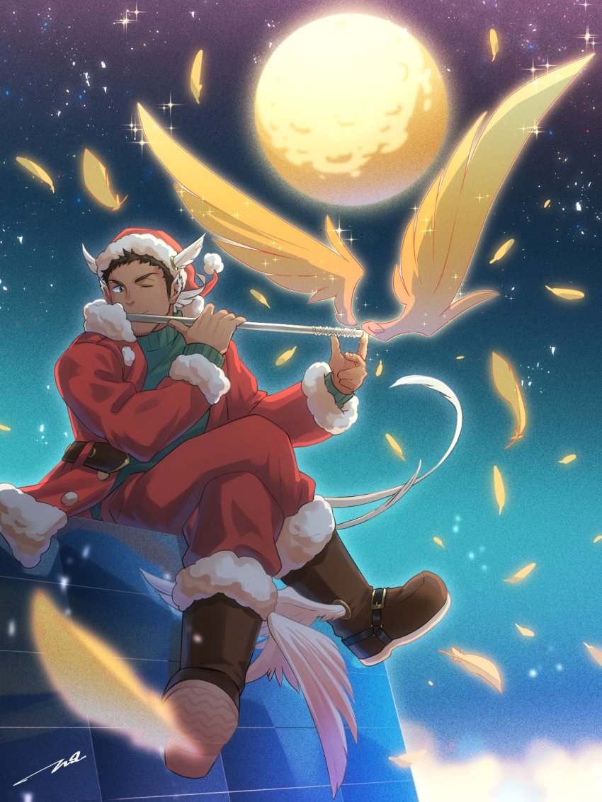 1boy, animal_ears, bara, bird_ears, boots, crossed_legs, dark-skinned_male, dark_skin