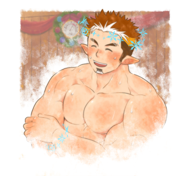 1boy, ^_^, abs, bara, blush, brown_hair, bulge, closed_eyes