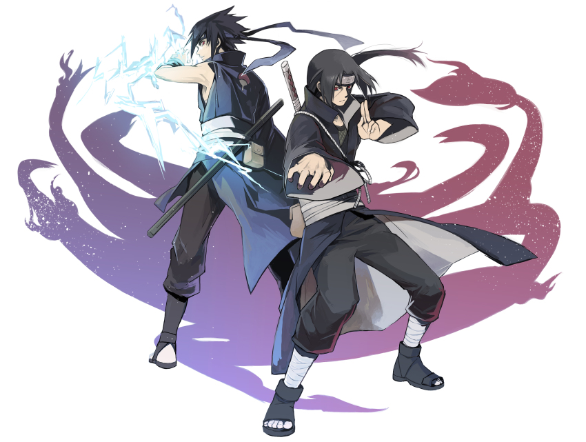 2boys, alternate_costume, back_bow, bandaged_leg, bandages, black_coat, black_footwear, black_hair