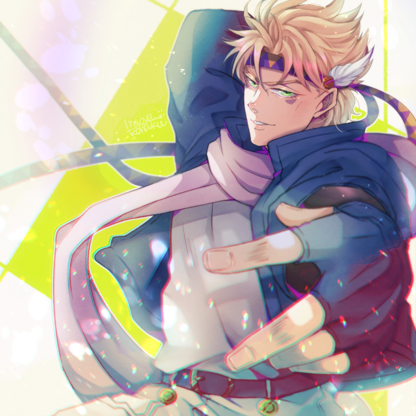 1boy, battle_tendency, belt, blonde_hair, blue_gloves, blue_jacket, caesar_anthonio_zeppeli, commentary_request