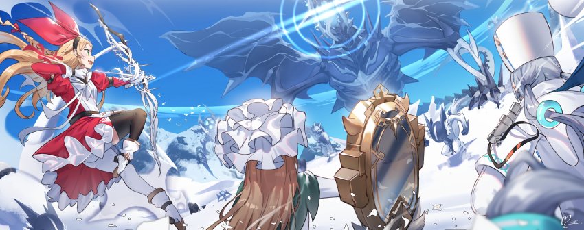 3girls, absurdres, alchemy_stars, artist_name, asymmetrical_legwear, black_legwear, blonde_hair, boots