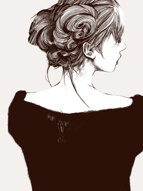 1girl, female_focus, from_behind, monochrome, nape, neck, oga, ogasa_shin, original, solo, traditional_media