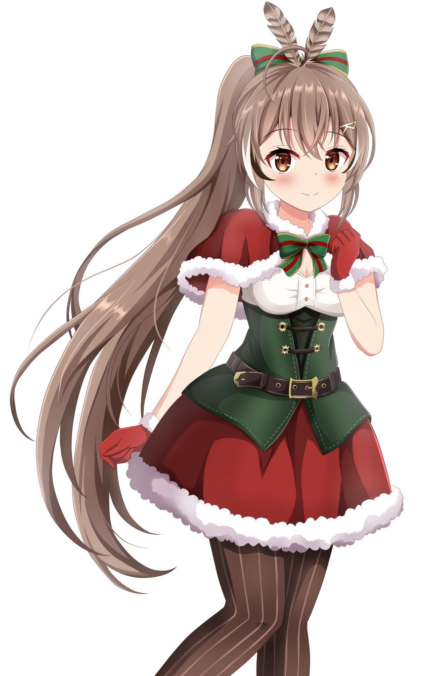 1girl, absurdres, black_hair, blush, breasts, brown_eyes, brown_hair, brown_pantyhose, capelet, christmas, cleavage, closed_mouth, commentary, feather_hair_ornament, feathers, feet_out_of_frame, fur-trimmed_capelet, fur-trimmed_gloves, fur-trimmed_skirt, fur_trim, gloves, hair_between_eyes, hair_ornament, hand_up, highres, hololive, hololive_english, koyuki_(azumaya999), long_hair, looking_at_viewer, multicolored_hair, nanashi_mumei, nanashi_mumei_(1st_costume), pantyhose, ponytail, red_capelet, red_gloves, red_skirt, shirt, simple_background, skirt, small_breasts, smile, solo, standing, streaked_hair, striped_clothes, striped_pantyhose, vertical-striped_clothes, vertical-striped_pantyhose, very_long_hair, virtual_youtuber, white_background, white_hair, white_shirt