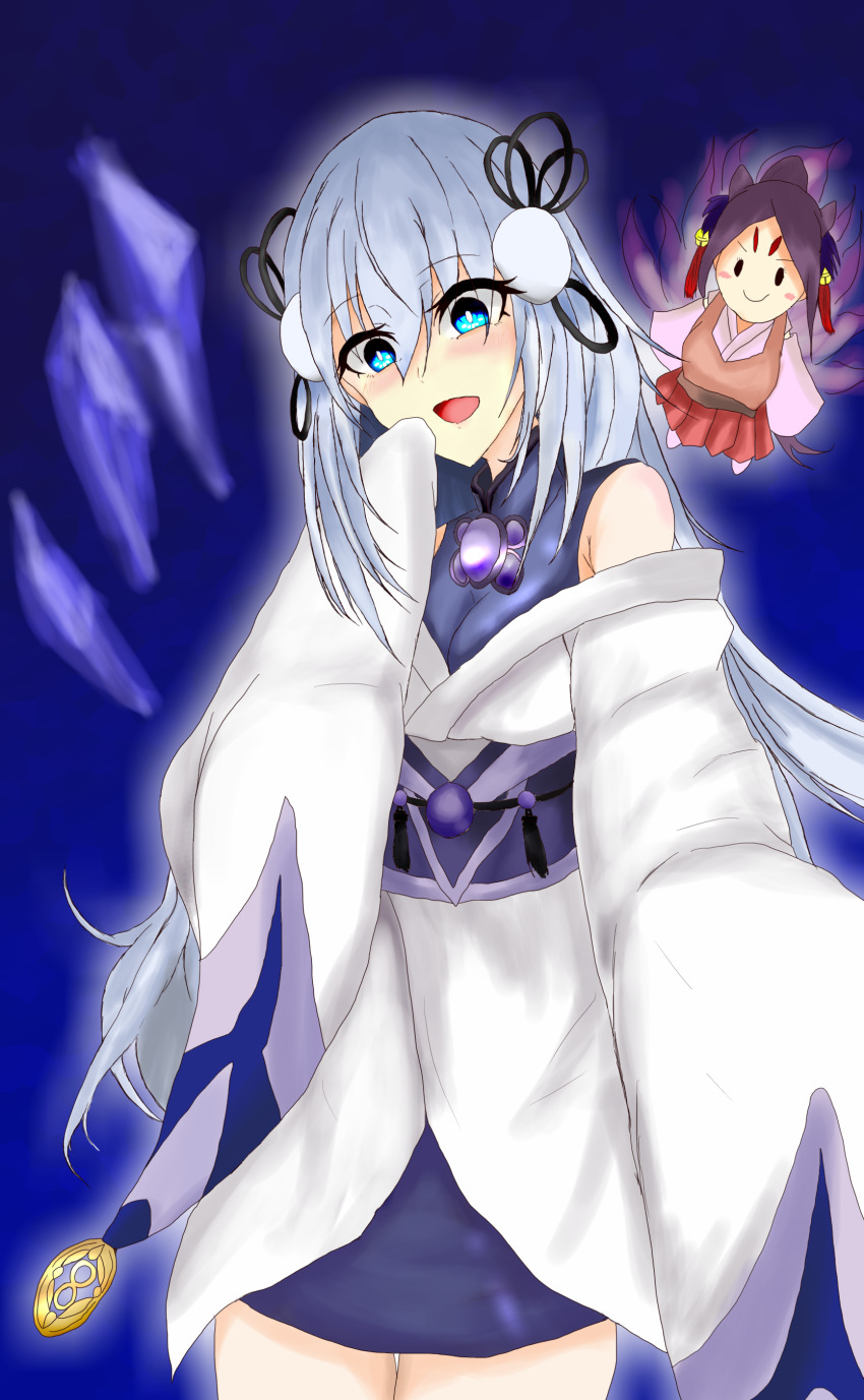 absurdres, aku_(lye), aqua_eyes, dakki_the_graceful_mayakashi, highres, icicle, impossible_clothes, impossible_shirt, japanese_clothes, kimono, kitsune, mayakashi, red_skirt, shirt, skirt, thighs, traditional_youkai, white_kimono, yandere, yuki-onna_the_ice_mayakashi, yuri