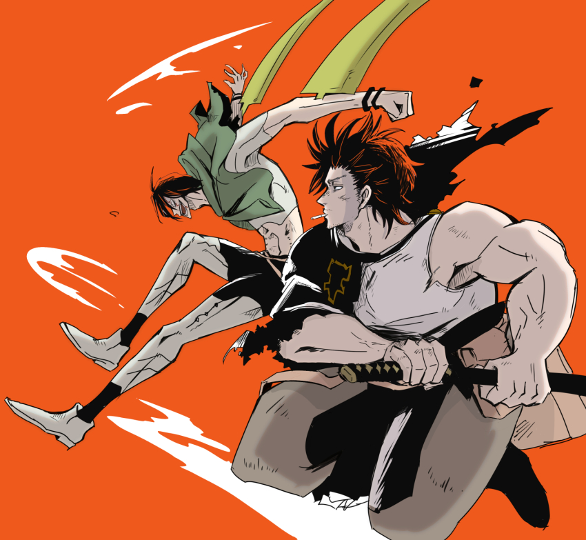 2boys, black_clover, black_hair, blade, bracelet, capelet, cigarette, floating_cape, highres, jack_the_ripper_(black_clover), jewelry, jumping, lanky_male, male_focus, multiple_boys, muscular, muscular_male, simple_background, sword, torn_capelet, torn_clothes, weapon, yami_sukehiro