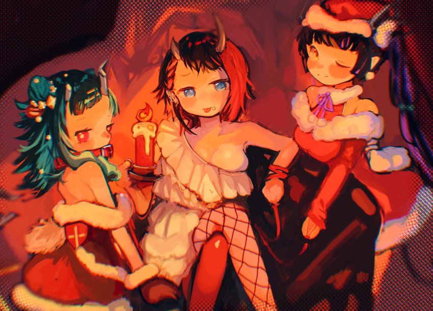 3girls, alternate_costume, black_hair, blue_eyes, blue_hair, blush, breasts, candle