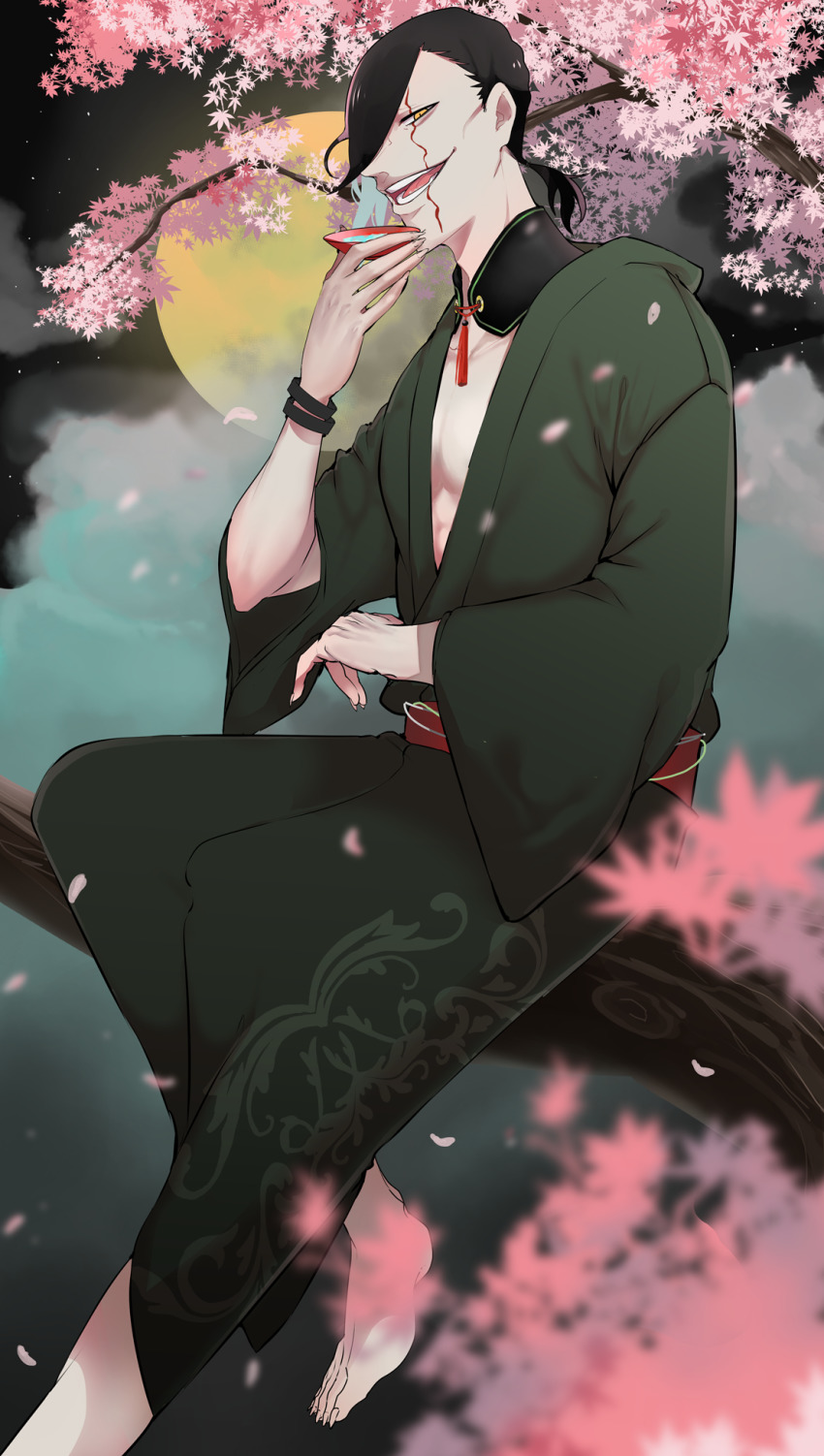 black_clover, black_hair, bracelet, branch, cloud, collar, drink, eye_contact