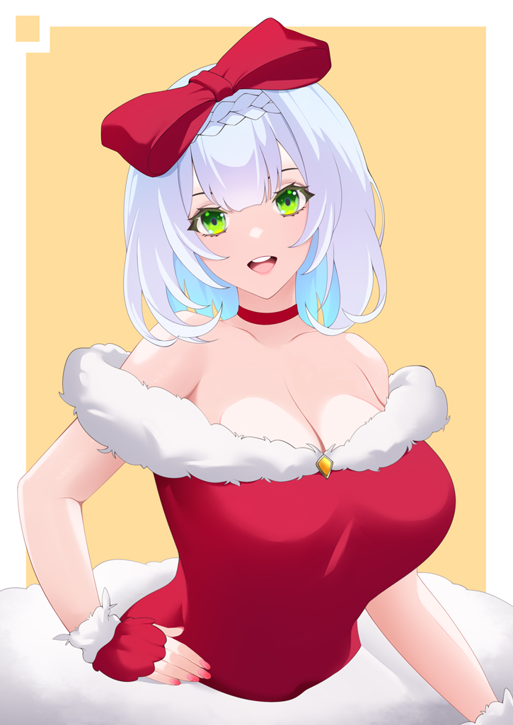1girl, bare_shoulders, blunt_bangs, bow, breasts, choker, christmas, cleavage