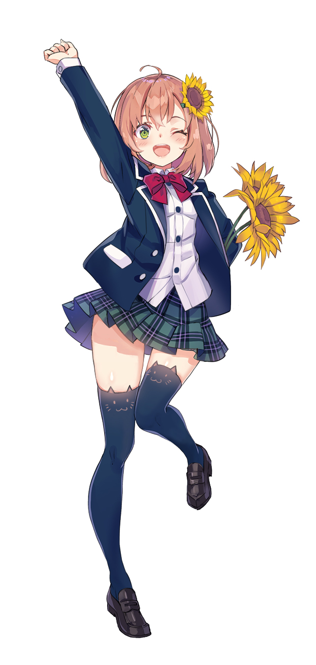 1girl, ;d, ahoge, animal_ear_legwear, black_jacket, black_thighhighs, blazer, blush