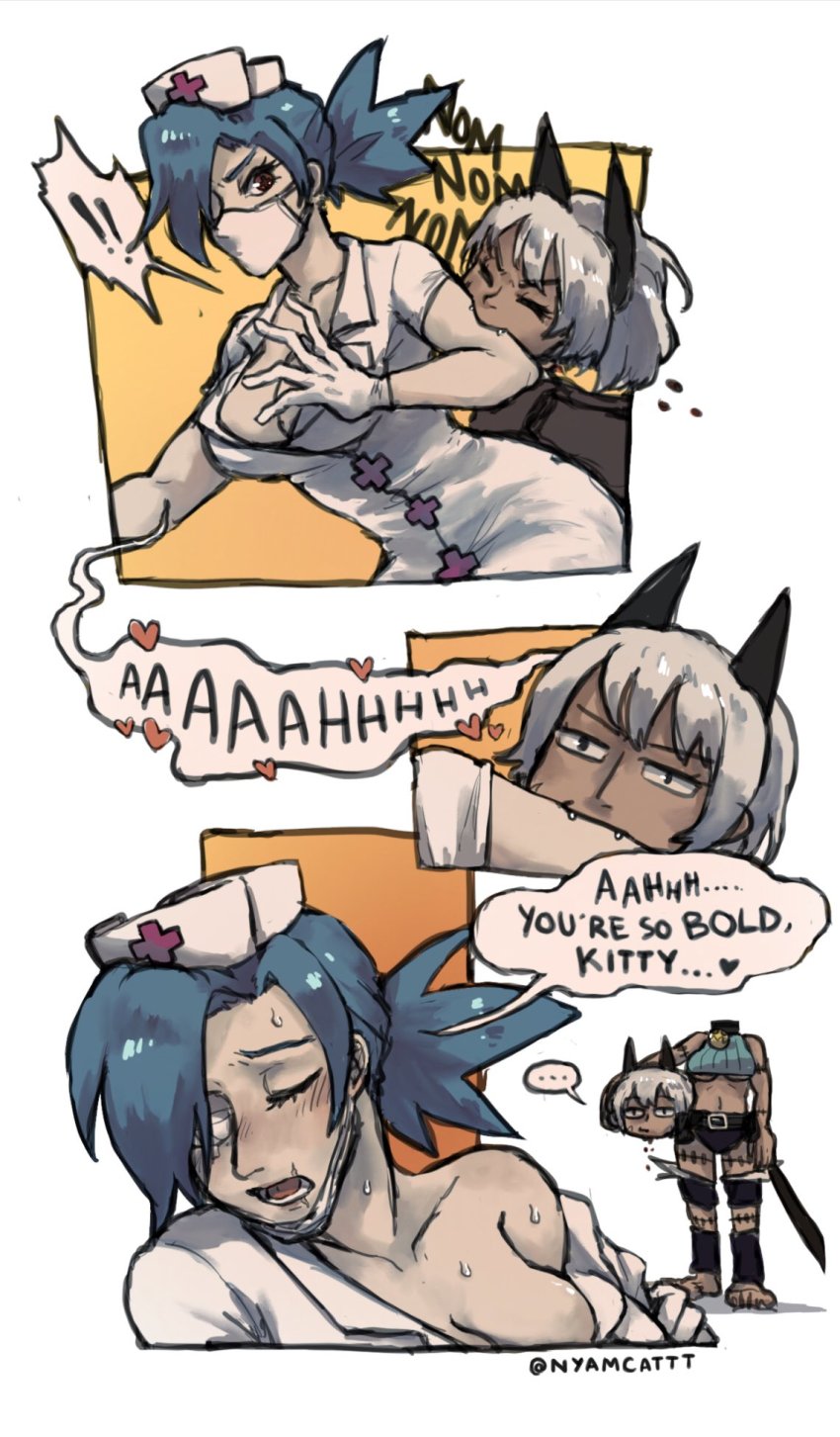 ..., 2girls, bare_shoulders, barefoot, biting, blue_hair, blush, bob_cut