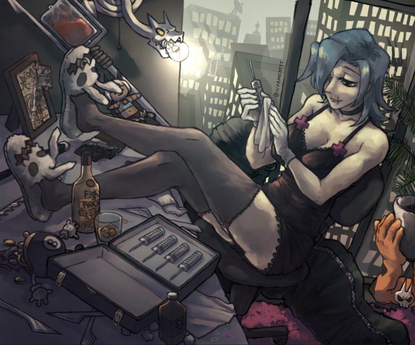 1girl, alcohol, alternate_costume, alternate_hairstyle, bottle, briefcase, christmas_(skullgirls), cityscape