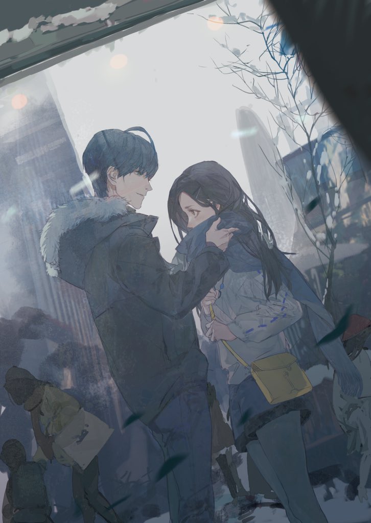 6+others, ahoge, bag, bare_tree, billboard, black_hair, black_jacket, blue_hair