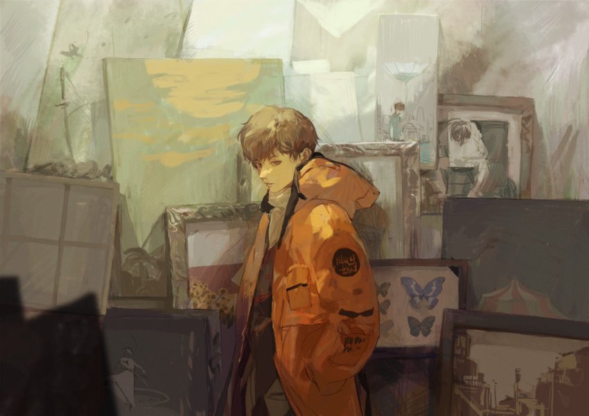 1boy, animal, brown_eyes, brown_hair, bug, butterfly, canvas_(object), closed_mouth, clothes_writing, crack, cracked_glass, hands_in_pockets, highres, hood, hood_down, hooded_jacket, insect, jacket, looking_at_viewer, male_focus, open_clothes, open_jacket, orange_jacket, original, painterly, painting_(object), photo_(object), picture_frame, rd_chet, scarf, solo, white_scarf